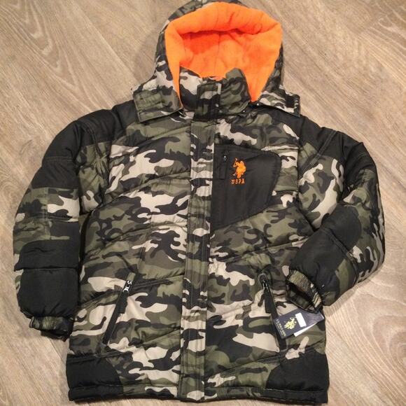 U.S. Polo Assn. Camo puffer jacket with hood boys L 14/16